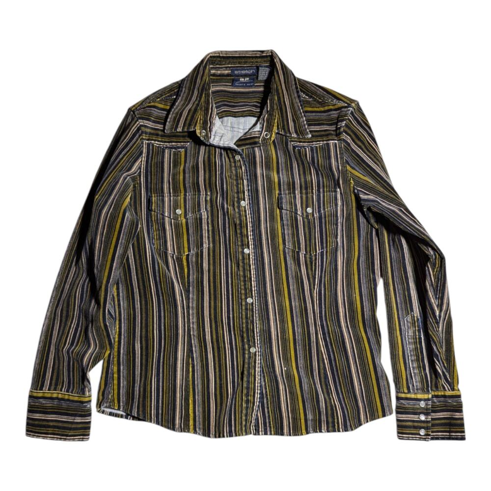 Vtg Y2K Bailey's Point Black Green Striped Corduroy Snap Front Collared Top Sz M